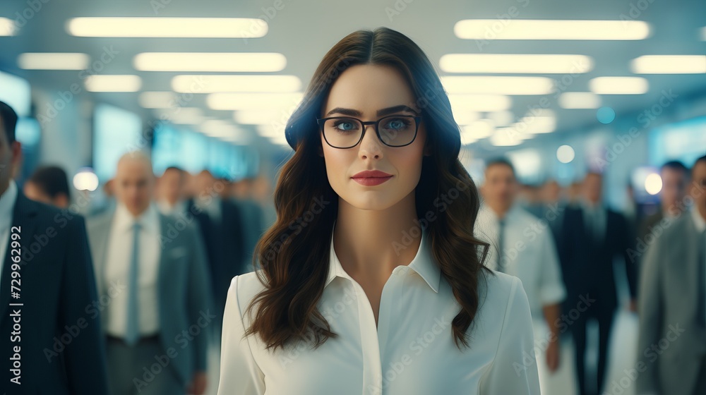 Young female scientist leading specialists in modern medical lab, with blurred background for text.