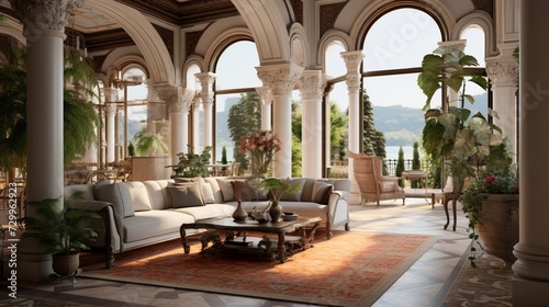 A luxurious living room with a Mediterranean influence boasts ornate columns, mosaic tile floors, and a view of a private garden © GraphicaGlory