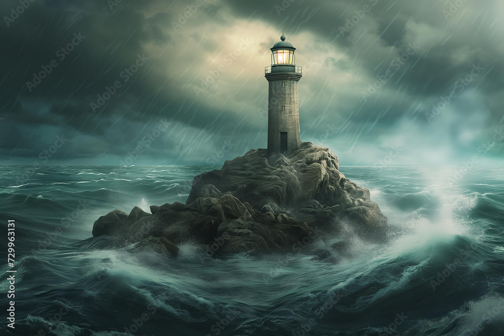 lonely lighthouse on a rock in the middle of a stormy sea	
