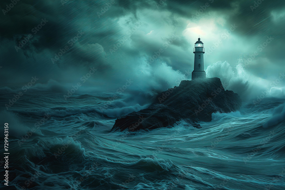 lonely lighthouse on a rock in the middle of a stormy sea	
