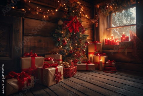 Christmas presents and gifts arranged on a wooden floor, creating a festive and inviting atmosphere perfect for holiday celebrations and joyful gatherings with loved ones. photo
