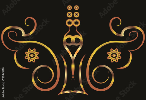 Illustration with swirls, flowers. Ornament, applique, background. Gold gradient on a black background for printing on fabric, applique and cards.