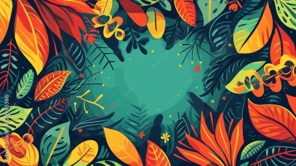 An illustration of abstract spring elements like leaves and floral patterns swirling around the edges, encircling an open area for greetings An illustration of abstract spring elements like leaves and floral patterns swirling around the edges, encircling an open area for greetings