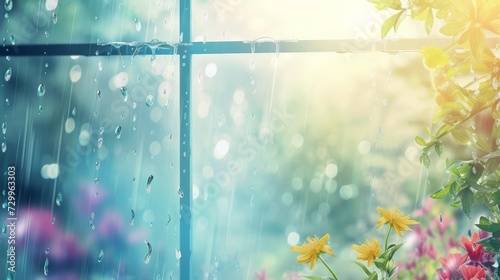 A banner capturing the first spring rain, with raindrops on a window overlooking a blooming garden, providing a reflective area for text