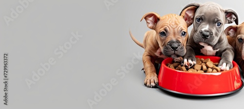 Adorable puppies eagerly gathered for a meal, domestic pets bliss, breed nutrition background photo
