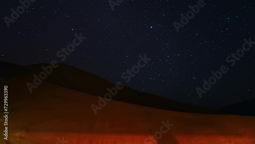 Star-trail timelapse of blue night sky with milky way, stars field and galaxies, from dunes of Empty quarter desert or Rub' al-Khali desert on Jannuary in Oman. photo