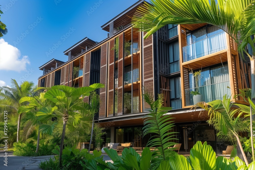 modern hotel faade with wooden elements and tropical flora surrounding it modern hotel faade with wooden elements and tropical flora surrounding it