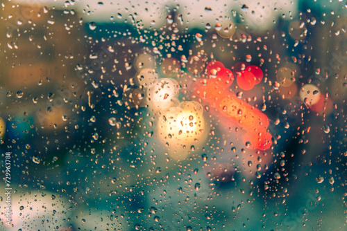 rain drops on the window surface and traffic bokeh background