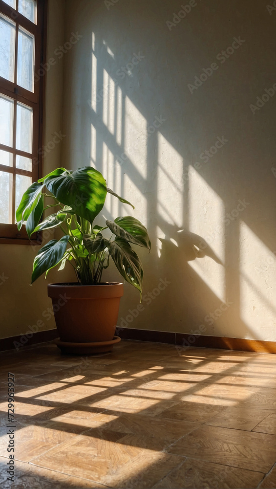 a houseplant stands on the floor near the window. Minimalism. The sun's rays reflect on the wall