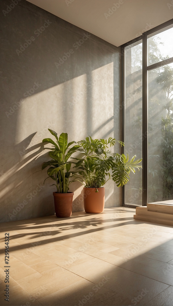a houseplant stands on the floor near the window. Minimalism. The sun's rays reflect on the wall