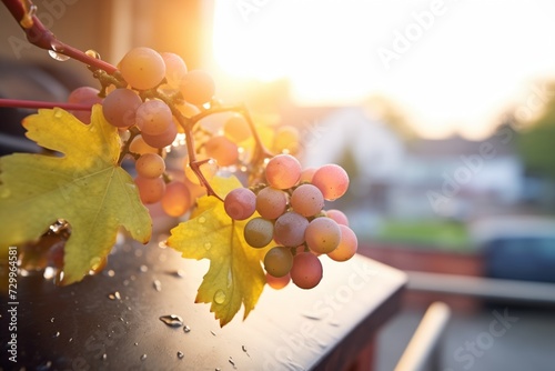 freshly watered courtyard grapes glistening at sunrise