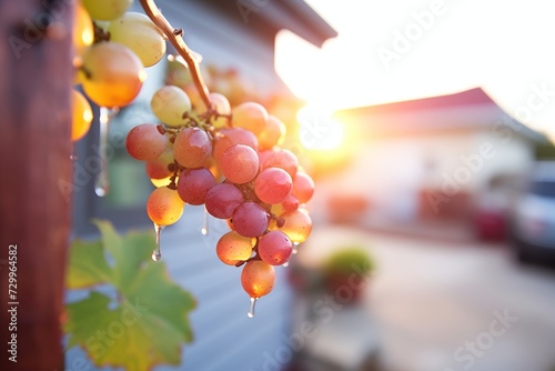 freshly watered courtyard grapes glistening at sunrise
