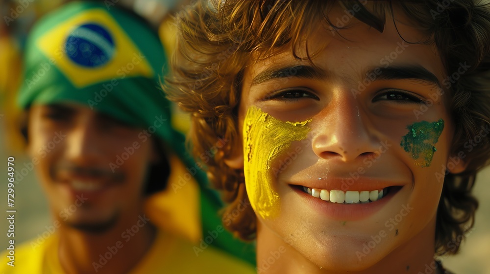 Brazilian football fan with face painted in flag colors cheering at stadium, copy space available Brazilian football fan with face painted in flag colors cheering at stadium, copy space available