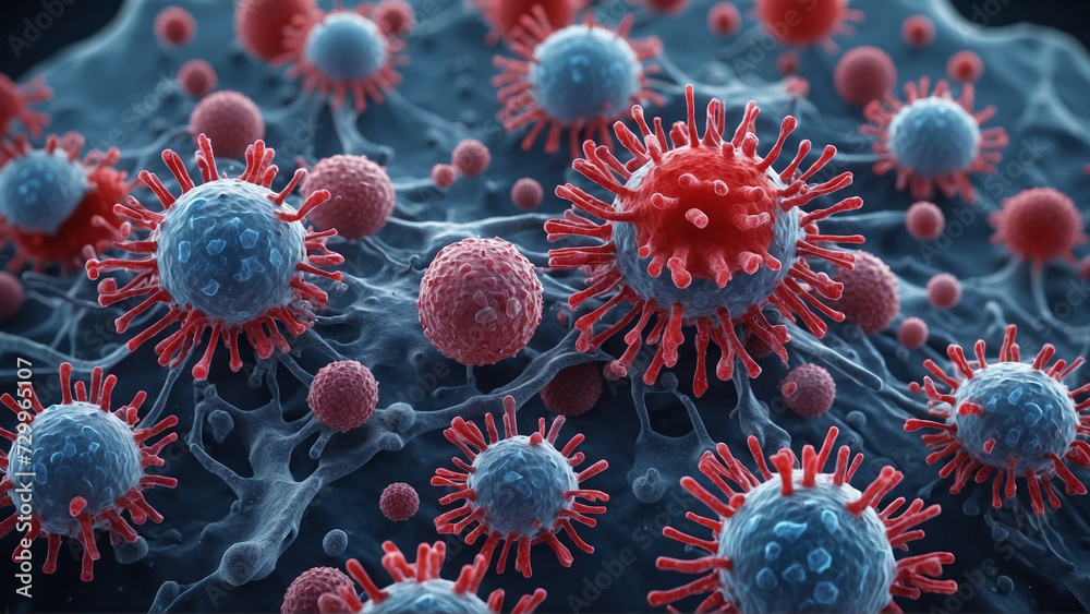 Flu virus cells in blood under the microscope, illustration on a dark background. Abstract biology, microscopic view of organic substance. Virus outbreak. Microbiology concept. Generative AI Flu virus cells in blood under the microscope, illustration on a dark background. Abstract biology, microscopic view of organic substance. Virus outbreak. Microbiology concept. Generative AI