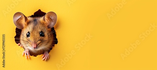 Close up of mouse head peeking through hole in cheese with copy space, animal wildlife concept © Andrei
