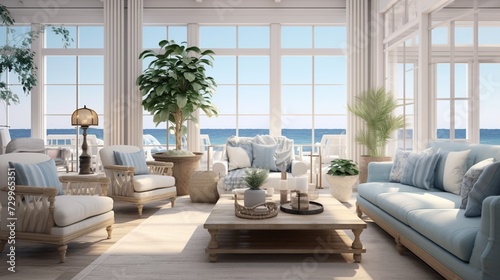 A luxury living room with a coastal design showcases sea-inspired colors, nautical decor, and oversized windows with ocean views © GraphicaGlory