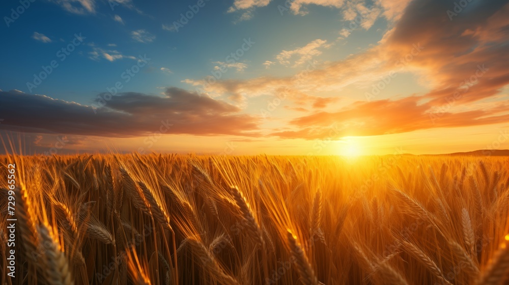 Golden wheat field at sunset with vivid sky