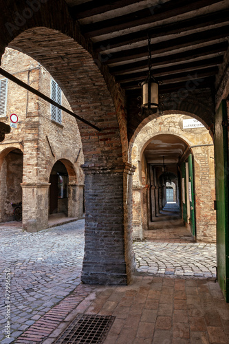 Urbania  Pesaro and Urbino district  Marche  Italy  the arcades along the Filippo Ugolini street