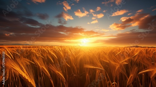 Golden wheat field at sunset with vivid sky