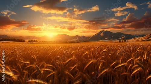 Golden wheat field at sunset with vivid sky © Meta