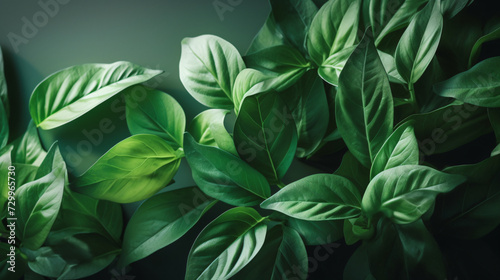 Basil leaves illuminated by soft morning light.