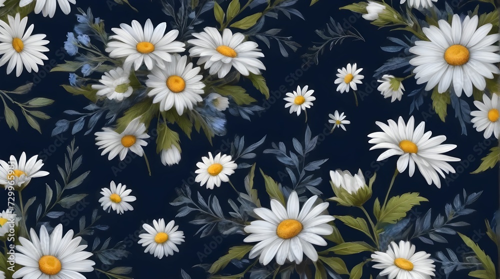 Background of a beautiful romantic flower collection with daisies, leaves, flower bouquets, flower arrangements, beautifully drawn in pencil on a dark blue background Background of a beautiful romantic flower collection with daisies, leaves, flower bouquets, flower arrangements, beautifully drawn in pencil on a dark blue background
