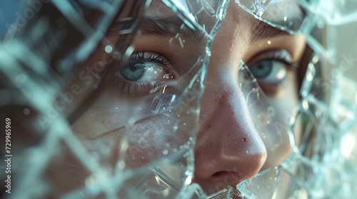 "Distorted Crystal Portrait: Person's Reflection in Cracked Crystal, Ultra Realistic 8K - Mirrorless Camera Portrait Lens Capture"