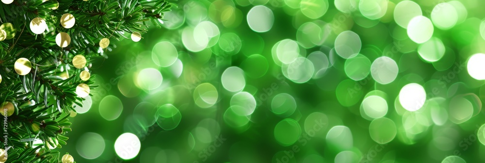 Obraz premium Abstract gold bokeh on defocused emerald green background with vibrant blur banner design