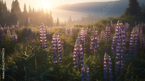 Lupine meadow bathed in soft morning light.