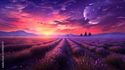 Field of lavender stretching towards the horizon, purple haze under a soft moon