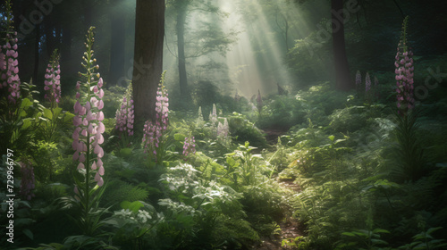 woodland scene featuring Foxglove in a magical forest setting. 