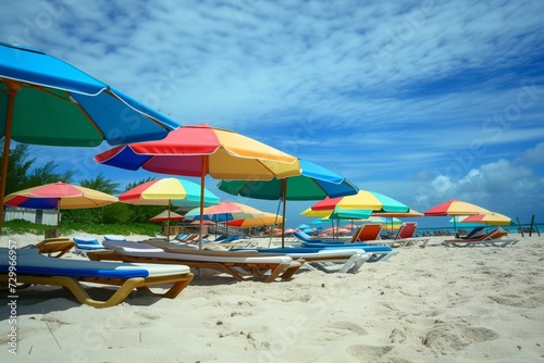colorful beach umbrellas and loungers setup