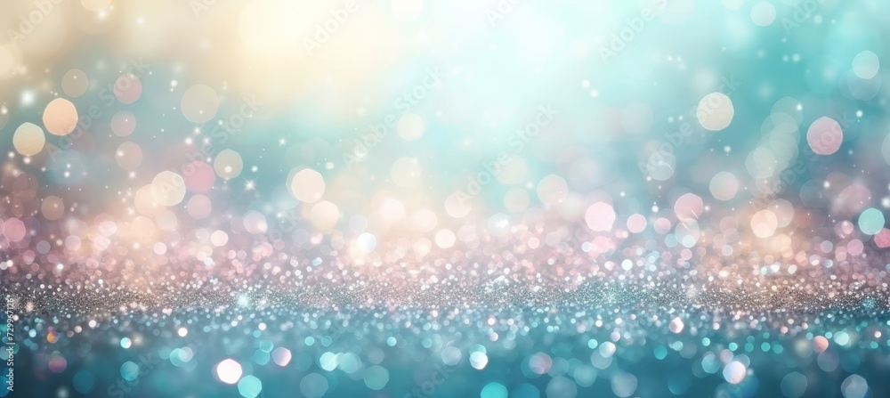 Abstract bokeh background with blurred mint green, peach orange, and white silver colors