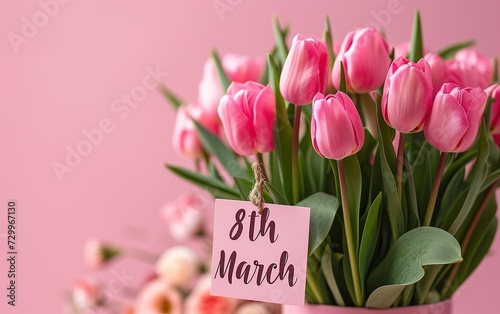 Bouquet of tulips in a vase with congratulations on March 8, International Women's Day