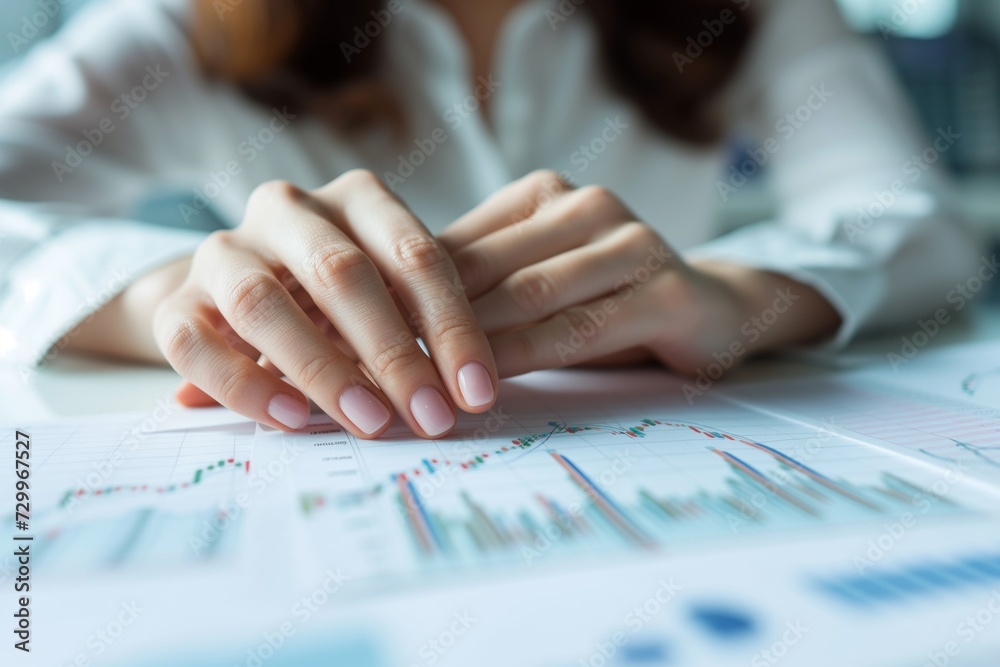 closeup of womans hands, financial charts visible closeup of womans hands, financial charts visible