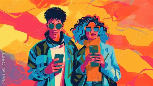 Colorful illustration of a couple of young people, students using phones © masyastadnikova