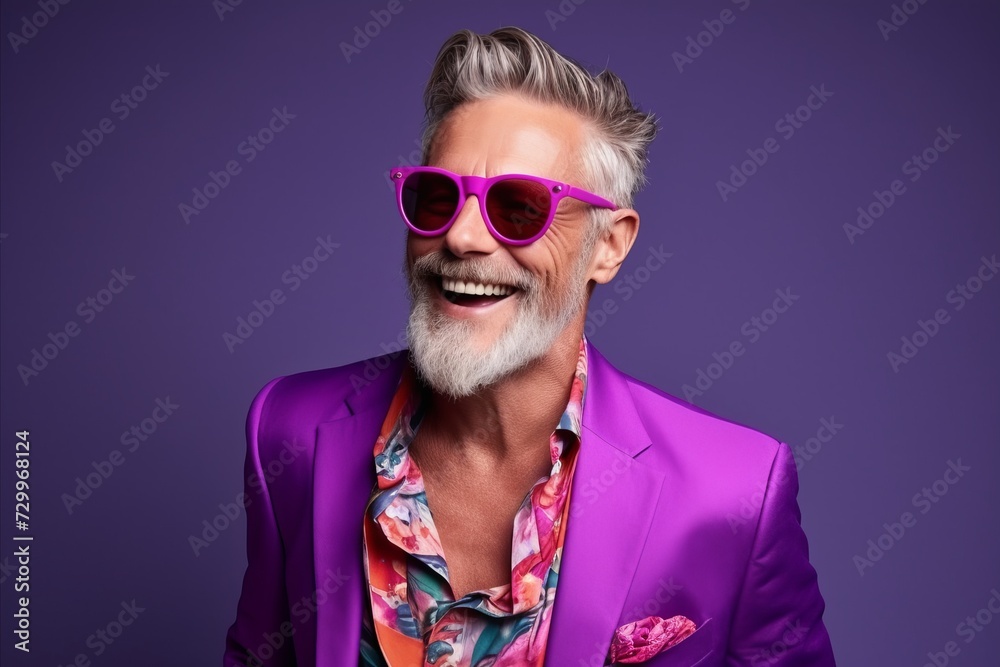 Handsome senior man in stylish sunglasses. Portrait of a smiling senior man in sunglasses on a purple background. Handsome senior man in stylish sunglasses. Portrait of a smiling senior man in sunglasses on a purple background.