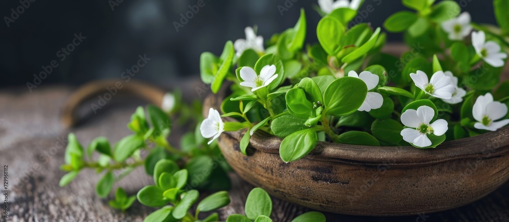 Bacopa monnieri, an Ayurvedic herb known as Brahmi, supports brain health and cognition. - obrazy, fototapety, plakaty 