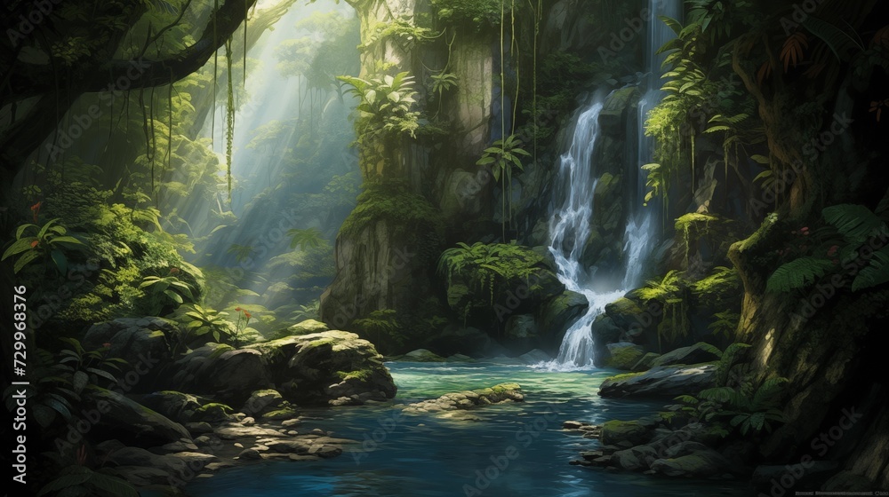 Hidden Waterfall Revealed by Lush Foliage