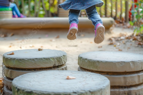 child leaping from one stepping stone to another