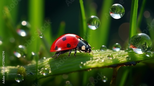 Ladybug Crawling Across a Dew-Kissed Blade of Grass