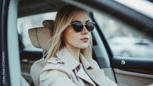 Fashionable woman in white trench coat and sunglasses in luxury car, glamorous lifestyle © Andrei