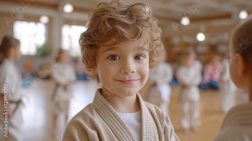 Happy european boy at judo or karate training lesson with copy space for text placement