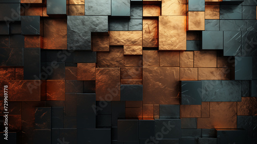 Rough grungy copper black cubes metal pattern. Modern industrial structure metallic texture abstract background design. Urban minimalistic backdrop textured wallpaper patterned