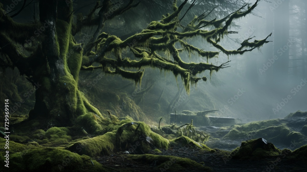 Moss-covered tree trunk bathed in morning mist, ethereal green hues emerging from the fog