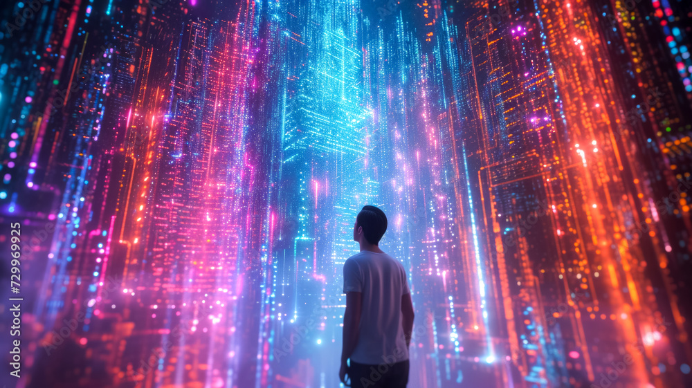 Poster with a man against the backdrop of neon data pillars going into the sky, working with big data, programming and training artificial intelligence