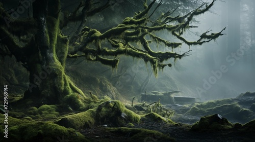 Moss-covered tree trunk bathed in morning mist, ethereal green hues emerging from the fog © Abdul