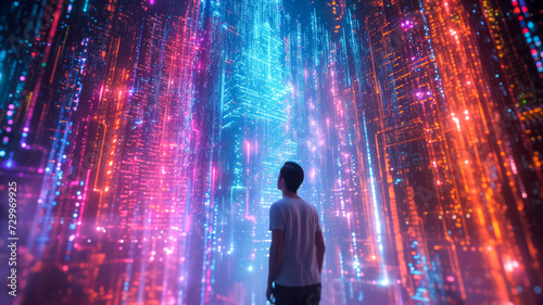 Poster with a man against the backdrop of neon data pillars going into the sky, working with big data, programming and training artificial intelligence photo