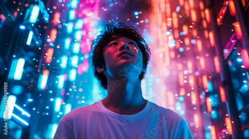 Low angle shot, young Asian man on neon background, poster idea about visualizing the interaction between artificial intelligence and humanity