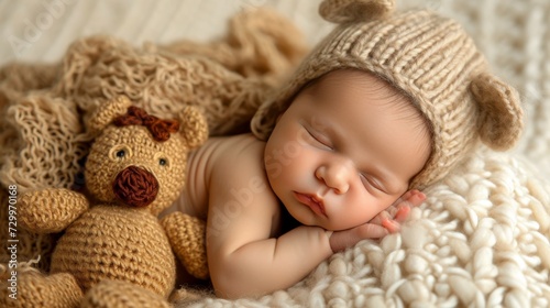 Sleeping newborn on white bed with cute plush toy, copy space for text placement